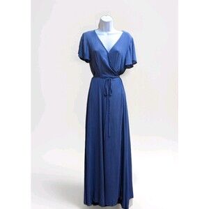 Lulu's Wrap Maxi Dress Sz M Blue Bridal Baby Shower Easter Spring Flutter Sleeve